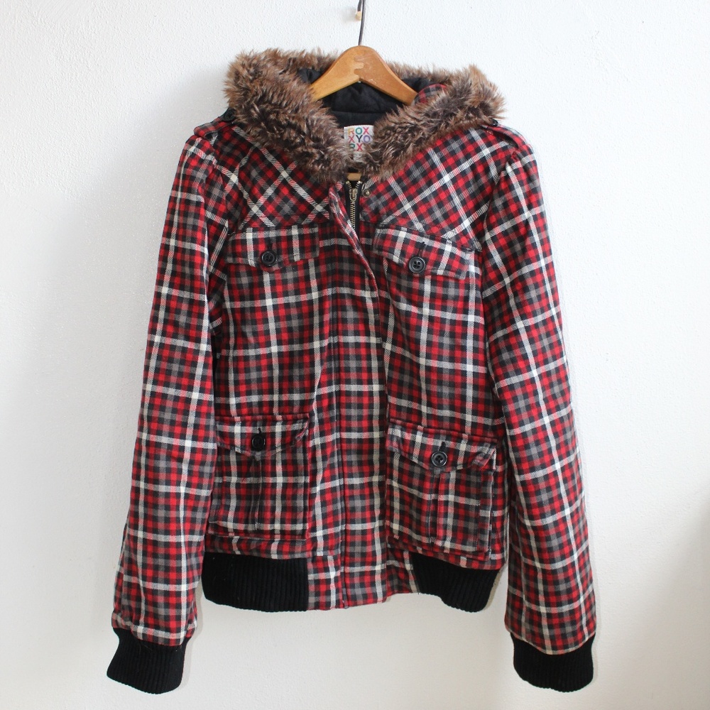 Roxy Women's Plaid Winter Bomber Jacket Fur Hood